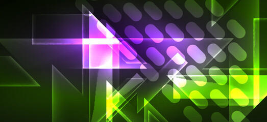 Obraz premium Background wallpaper neon glowing lines and geometric shapes. Dark wallpaper for concept of AI technology, blockchain, communication, 5G, science, business and technology