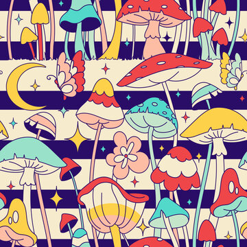 Tricky Crazy Fun Floral Seamless Pattern With Mystical Mushrooms: Psilocybin, Agaric. Groovy Fabric Design With Fungi, Witchcraft Digital Or Wrapping Paper