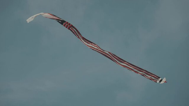 Balinese Traditional Kites JANGGAN (Red White Black Long Tail Bird Dragon) on Bali Kite Festival Summer Blue Sky Slow Motion