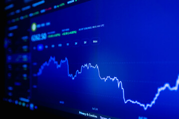 Stock market upwards chart on the screen. Selective focus.Low angle.