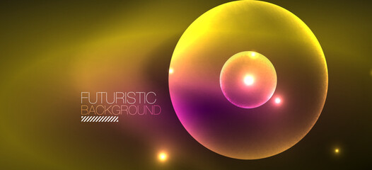 Shiny neon geometric abstract background. Glowing lights on round shapes, triangles and circles. Wallpaper for concept of AI technology, blockchain, communication, 5G, science, business