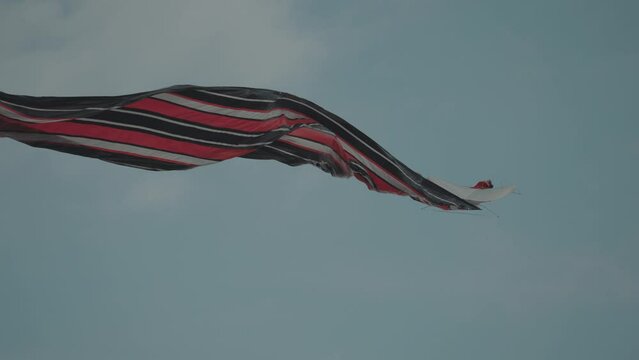Balinese Traditional Kites JANGGAN (Red White Black Long Tail Bird Dragon) on Bali Kite Festival Summer Blue Sky Slow Motion