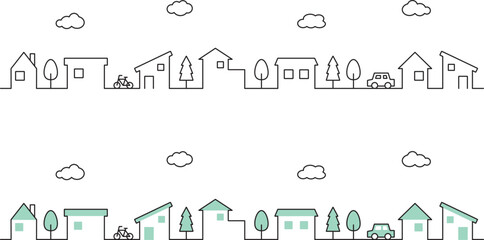 住宅の街並みのラインイラストセット（横型、緑色、雲） - obrazy, fototapety, plakaty