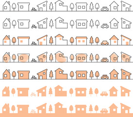 住宅の街並みのラインイラストセット（横型、オレンジ色）
