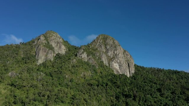 Pan Left Drone Shot of nature reserve, Cerro Las Tetas. Locally known in Puerto Rico as "Las Tetas de Cayey".