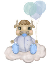 Cute baby bull with balloons. Hand drawn watercolor baby bull on a cloud with balloons, isolated on a white background. Design for a baby posters, cards, fabric, wrapping designs, greeting cards.