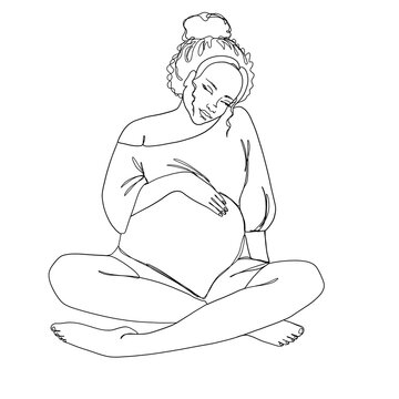 recommend clip art: Oneline sitting pregnant woman. Hand drawn black outline pregnant pretty curly hair girl. Trendy black and white illustration designed for a greeting cards, invitations, T-Shirt, baby shower.