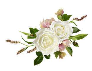Floral arrangement with rose flower, hellebore and persicaria isolated