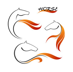 Horse's head is drawn with black line on white background. Linear logo. Vector illustration