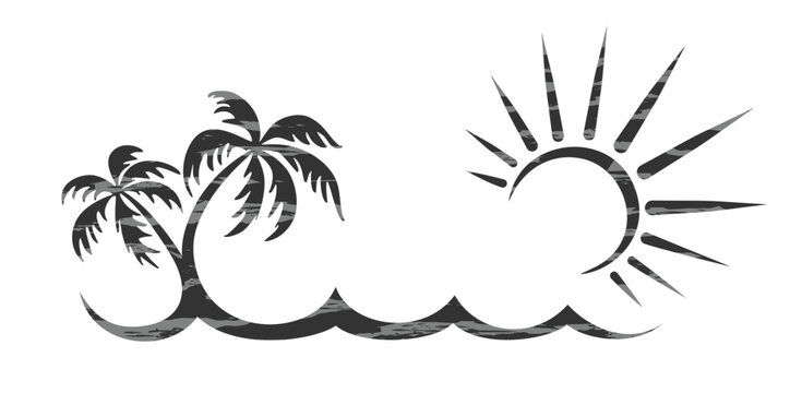 Tropical island symbol with sea, sun and palm trees.