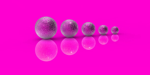 Five balls of metal of different sizes of pink color on pink background. Growth of something. Progress. Reflection. Horizontal image. Banner for insertion into site. 3D image. 3D rendering.
