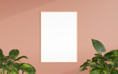 Clean and minimalist front view vertical wooden photo or poster frame mockup hanging on the wall with blurry plant. 3d rendering.