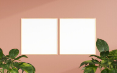 Clean and minimalist front view square wooden photo or poster frame mockup hanging on the wall with blurry plant. 3d rendering.