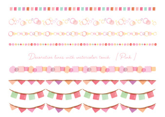 旗、ガーランド、水玉、泡、タイル模様のピンク系水彩タッチ装飾素材