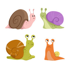 Cute snails set. Different types and emotions, funny snail characters collection. Vector Illustrations isolated on white background.