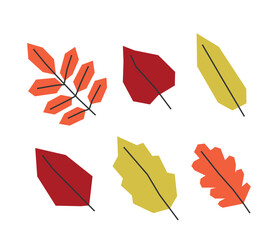 Vector isolated illustration set with flat botanical elements. Geometrical symbols of autumn nature - branches of leaves. Red, orange and yellow decorative fall objects on white background