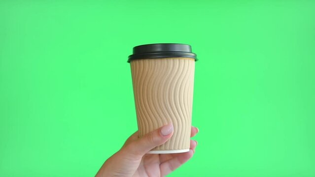 Female Hand Holding a Coffee Cup Takeaway. Hand with Hot Beverage. Logo Mockup of Paper Cup with Lid isolated on Green Chroma Key. Empty Space Advertising Background. Zero Waste, Plastic Free Concept.