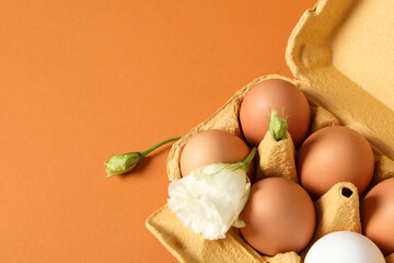 Concept of spring, eggs with flowers, space for text