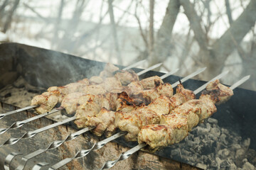 Tasty shashlik is fried on charcoal outdoor