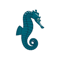 Marine seahorse isolated small wish with curved tail. Vector sea-horse underwater animal, Hippocampus hand drawn monochrome icon. Sea horse small marine fish, aquatic creature mascot, profile view
