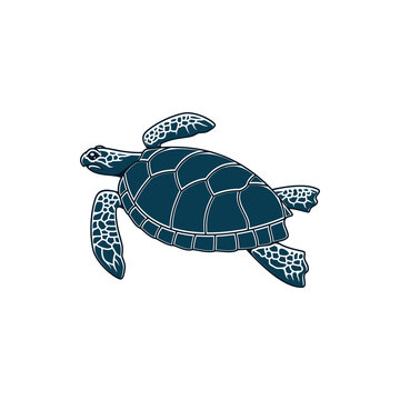 Sea turtle reptile, nautical tortoise with cartilaginous carapace isolated monochrome icon. Vector Loggerhead Caretta ocean terrapin with shell, aquarium pet, turtle mascot, sea or ocean old animal