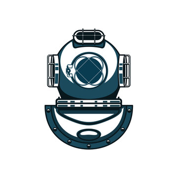 Standard diving helmet of copper and brass isolated monochrome icon. Vector standard free flow lightweight Soviet helmet, head protection equipment of underwater divers, retro diving-helmet design
