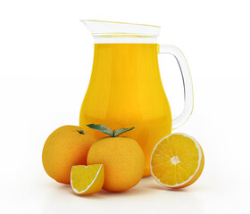 Orange juice jug and half cut oranges isolated on white background. 3D illustration