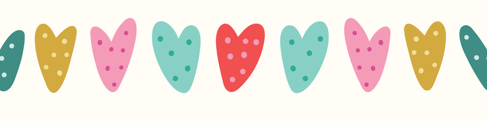 Heart background border. Cute vector seamless repeat banner of hand drawn spotted hearts. 