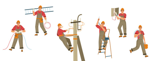 Electrician worker with tools, ladder and wires isolated on white background. Maintenance and repair service technician, engineer of electricity in helmet, vector cartoon illustration © klyaksun