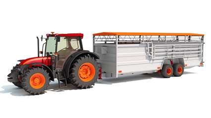 Tractor with Cattle Animal Transporter Trailer 3D rendering