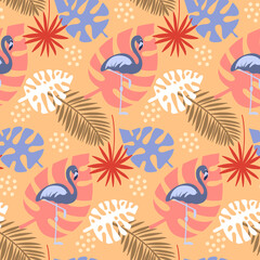 Monstera leaf tropical and lilac flamingo seamless pattern for textile design