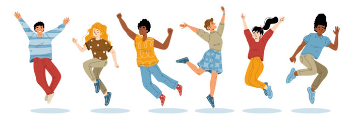 Happy people jump. Diverse persons joy, have fun, jump and dance isolated on white background. Group of excited characters, friends or students in different poses, vector cartoon illustration