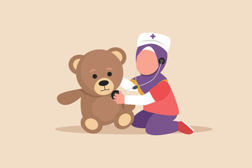 Little muslim girl with little girl with
stethoscope examining doll patient. kindergarten activity concept. Flat vector illustration isolated.