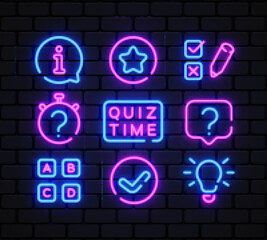 Quiz neon icons set. Quiz Time neon signs design template. Bright signboard, light banner, Isolated icon. Vector Illustration