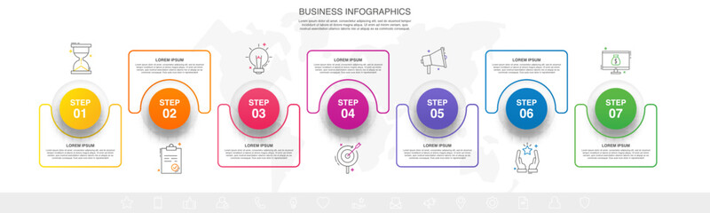 Vector business process. Modern timeline infographics with seven options, circles, steps, icons. Line vector template.