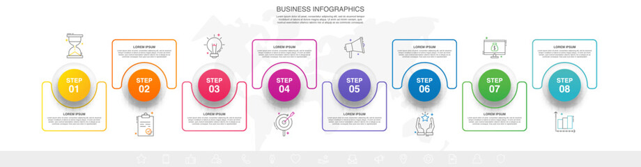Vector business process. Modern timeline infographics with eight options, circles, steps, icons. Line vector template.