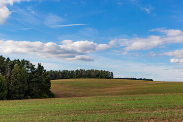 Countryside panorama, rolling hills and wheat fields at sunset. Czechia