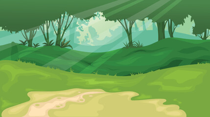 Cartoon green forest background template. Landscape with trees, green grass, bushes and sunlight spots. Vector illustration.