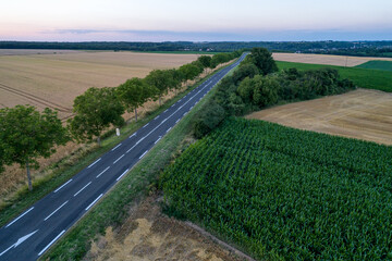 Vue de drone d'une route au milieu des champs de Seine-et-Marne à la tombée de la nuit.