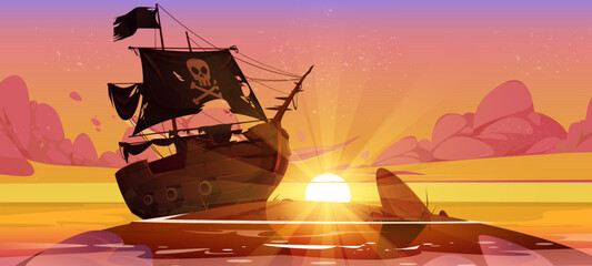 Pirate ship stuck on shallow in sea at sunset time. Filibuster boat with black sails and jolly roger skull on island in ocean dusk background. Adventure game or book scene, Cartoon vector illustration