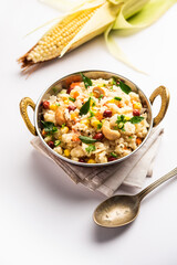 Sweet Corn Upma, makai rava uppittu made using with or without semolina , healthy Indian breakfast