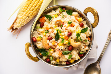 Sweet Corn Upma, makai rava uppittu made using with or without semolina , healthy Indian breakfast