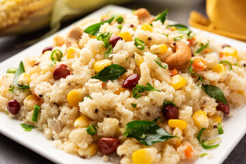 Sweet Corn Upma, makai rava uppittu made using with or without semolina , healthy Indian breakfast