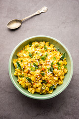 Sweet Corn Upma, makai rava uppittu made using with or without semolina , healthy Indian breakfast
