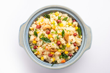 Sweet Corn Upma, makai rava uppittu made using with or without semolina , healthy Indian breakfast