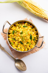 Sweet Corn Upma, makai rava uppittu made using with or without semolina , healthy Indian breakfast
