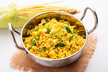 Sweet Corn Upma, makai rava uppittu made using with or without semolina , healthy Indian breakfast