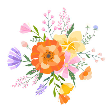Vector floral bouquet illustration. Set of leaves, wildflowers, twigs, floral arrangements. Beautiful compositions of field grass and bright spring flowers.