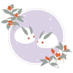 雪ウサギとセンリョウのイラスト