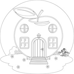 Fabulous apple house on the meadow coloring book. Vector illustration of the house of small creatures.